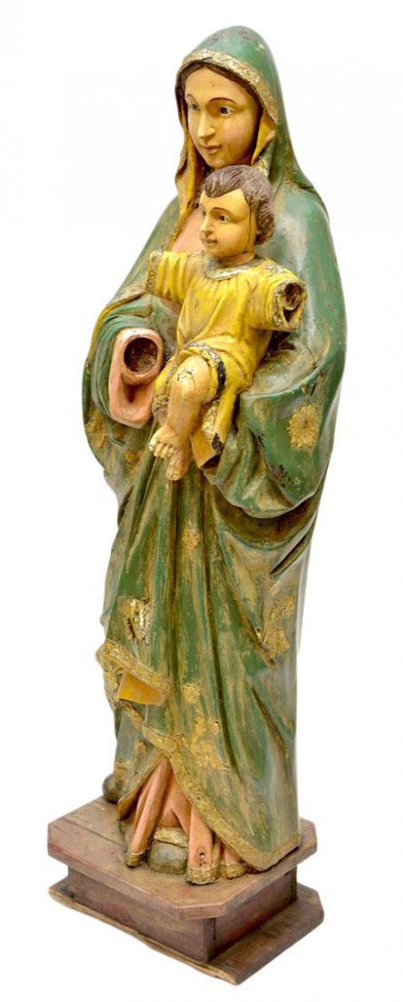 ANTIQUE COLONIAL RELIGIOUS STATUE, MARY & CHILD: Antique French Colonial carved wood polychrome religious statue with, Mary and the Christ Child, each with glass faced eyes, silver accents, paint loss, fissures, both lacking hands, 40"h, 11.25"w, 10