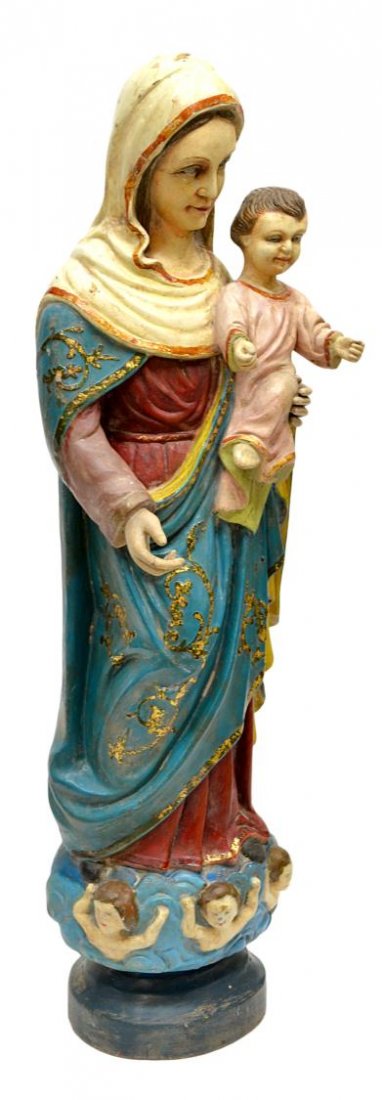 ANTIQUE COLONIAL RELIGIOUS STATUE, MARY & CHILD: Antique French Colonial carved wood polychrome religious statue with parcel gilt accents, Mary and the Christ Child, each with glass faced eyes, paint loss, small fissures, 37"h, 9"w 8"d, 17.75lbs (7C