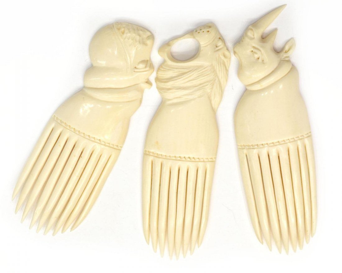 218 (3) AFRICAN IVORY CARVED HAIR ORNAMENTS / COMBS
