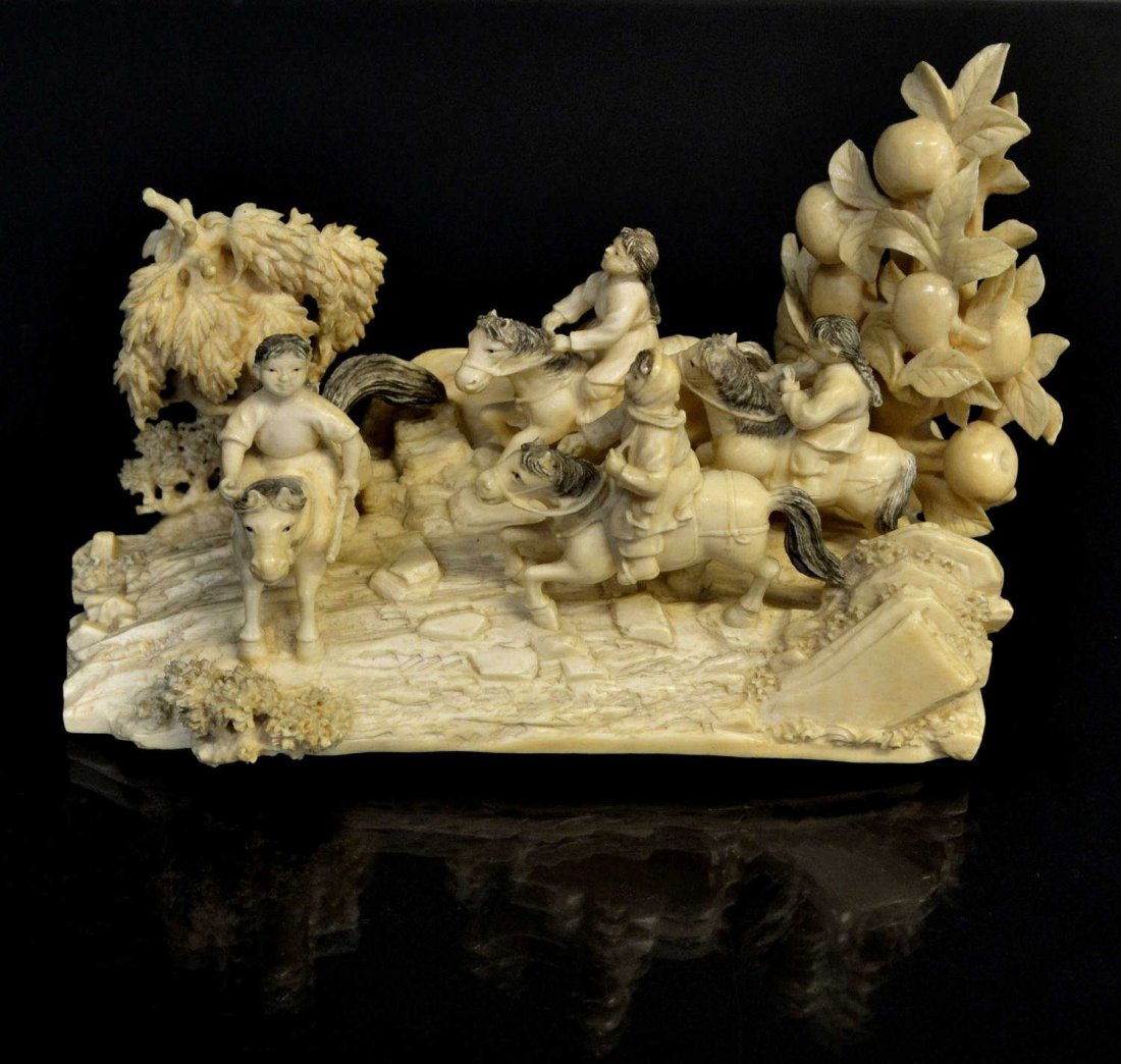CHINESE CULTURAL REVOLUTION CARVED IVORY SCENE: **This item will not be shipped Internationally**Chinese Cultural Revolution carved ivory figural scene, four figures on horseback riding through a landscape, on wood stand, with age some discoloratio
