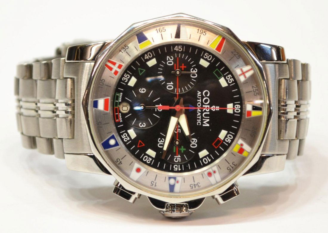 GENTS CORUM STAINLESS STEEL ADMIRAL'S CUP WATCH: Gents Corum stainless steel Admiral's Cup 44 Chronograph wristwatch, case: 44mm, case back: exhibition, crown: twin lock with protective shoulders, bezel: bi-directional rotating bezel with nautical f