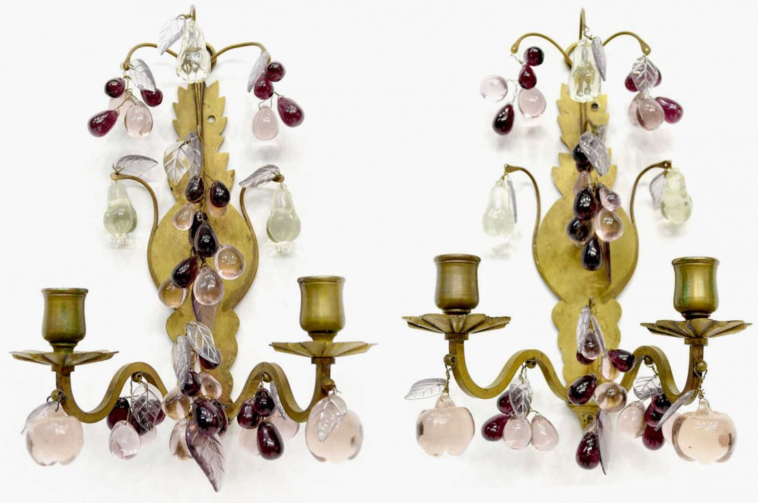 (PAIR) CONTINENTAL WALL SCONCES, GLASS FRUIT: (pair) Continental two light wall sconces, each in gilt metal decorated with clear and colored glass fruit and foliage, needs rewiring, 11.75"h, 8"w, 5.25"d, total: 4.75lbs Start Price: $200.00