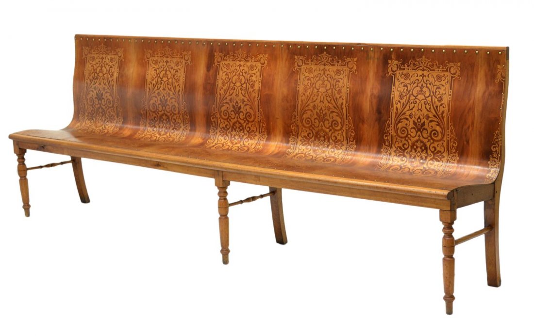LARGE DECORATIVE FRENCH BENTWOOD BENCH: Long French bentwood bench, early 20th c., a row of brass tacks above the long back and seat with ornate design, raised on turned front supports, 38.5"h, 103.25"l, 19"d (c22039) Start Price: $300.00
