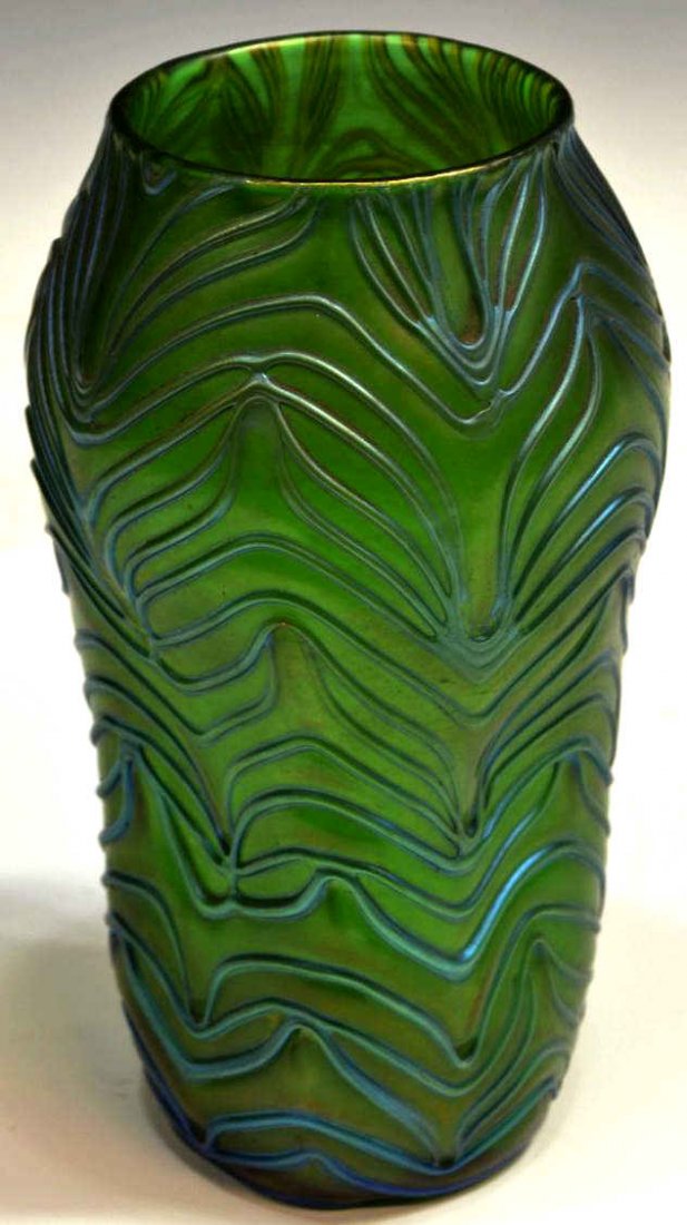 LOETZ 'FORMOSA' ART GLASS VASE: Large Loetz 'Formosa' art glass vase having a green ground with iridescent blue threading throughout, unsigned, approx. 9.5"h, 1lb Start Price: $150.00