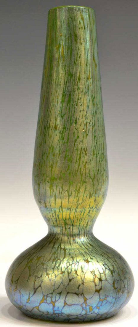 LOETZ CRETA PAPILLION ART GLASS VASE: Loetz 'Creta Papillion' art glass vase having an elongated neck on a small bulbous body, approx. 10"h, 0.25lbs Start Price: $150.00