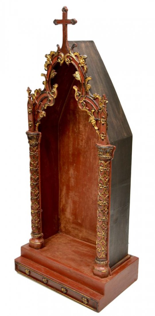 FRENCH COLONIAL RELIGIOUS ALTAR NICHE: French Colonial architectural foliate carved wood altar niche, early 20th c, a cross at top center, finished in red with remnants of gilt accents, 54"h, 23"w, 14.5"d (8C035) Start Price: $250.00