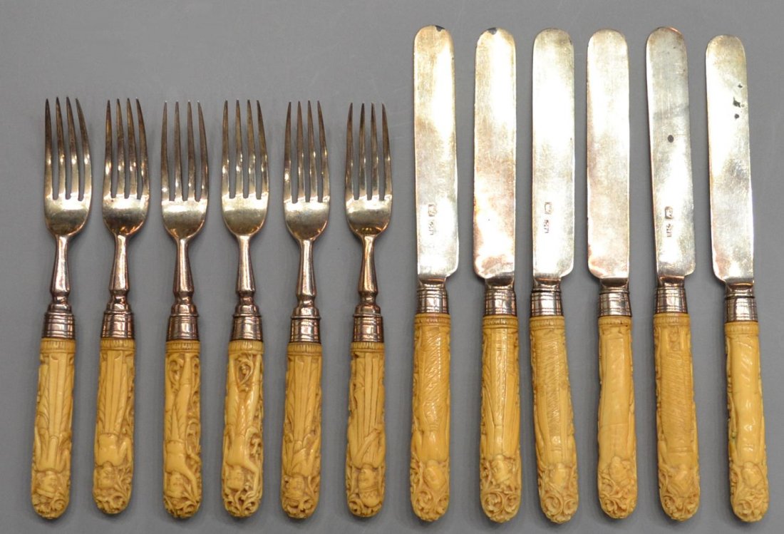 ANTIQUE HAMILTON & CO INDIA CARVED IVORY FLATWARE: **This lot will not be shipped Internationally**(set of 12) British Colonial figural carved ivory and silver plate flatware, Hamilton & Co. Calcutta, India, a service for (6) comprising forks, 6.5"l a