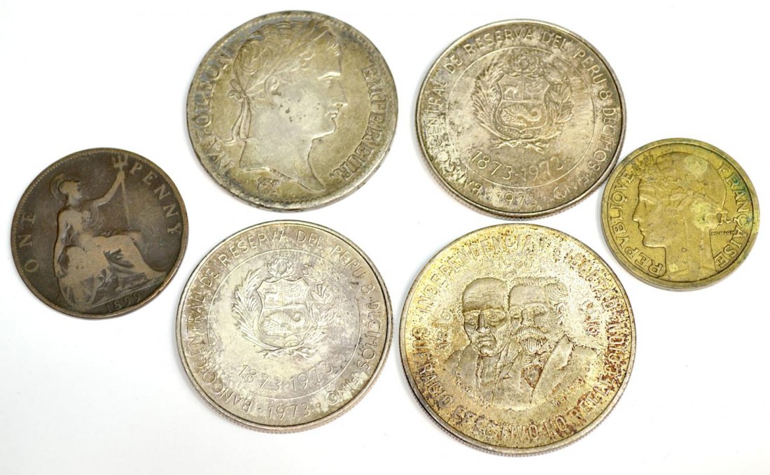 (6) FRENCH 1812 SILVER COIN, MEXICO, PERU, ENGLAND: (lot of 6) Foreign coins:(1) French, 1812 five franc silver coin, .900 silver; (1) 1960 Mexico .837 silver ten pesos coin; (2) 1973 Peru 100 soles, believed to be .50% silver; (1) British 1899 copper 