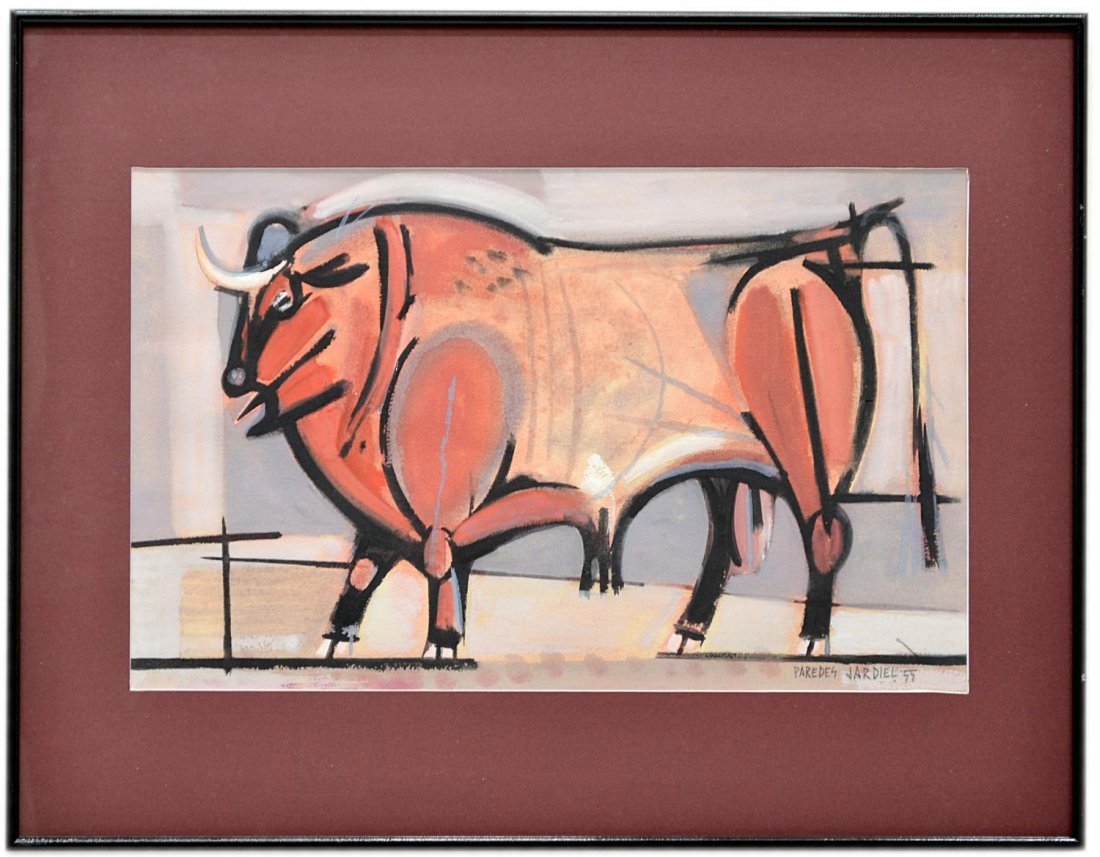 PAINTING, EL TORO, JOSE PAREDES JARDIEL, 1928-2000: Framed gouache painting, El Toro, signed and dated lower right Paredes Jardiel 55 (Jose Paredes Jardiel, Spain, 1928-2000), sight: 11"h, 18.25"w, overall: 18.75"h, 23.75"w, 5.25lbs Start Price: $300.0