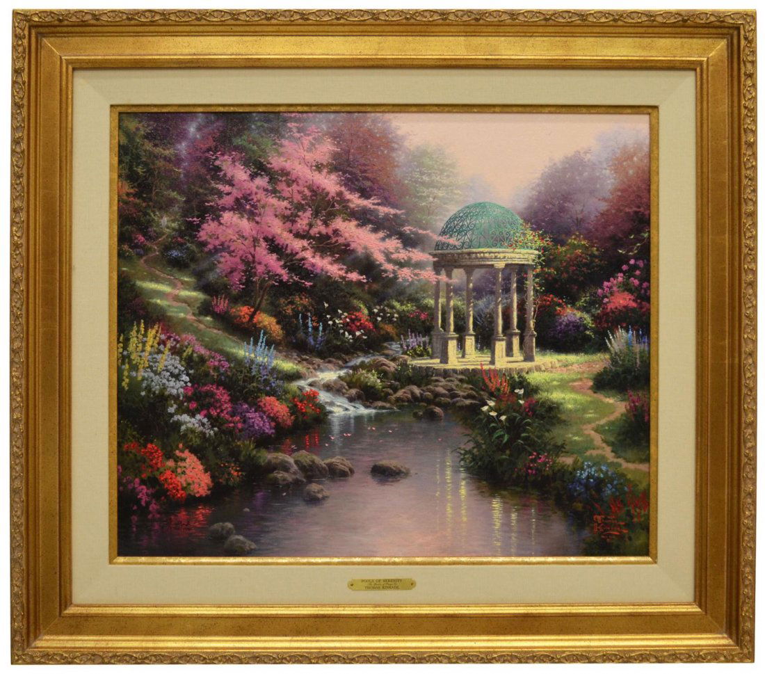 LIMITED PRINT, POOLS OF SERENITY, THOMAS KINKAID: Framed limited edition on canvas , "Pools of Serenity, The Garden of Prayer II", ink signed and numbered lower left Thomas Kinkade 3728/4950, (Thomas Kinkade, California,1958- 2012), print signed lowe