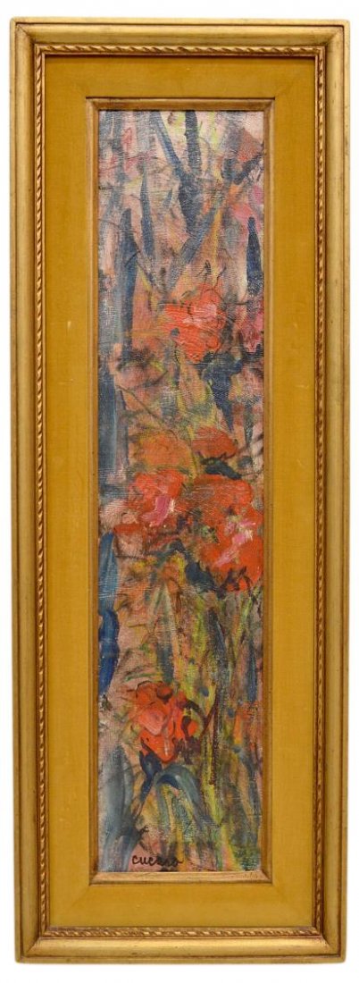 FRAMED OIL PAINTING, PASCAL CUCARO (1915-2004): Framed oil painting on canvas, "Floral" signed lower center, Cucaro (Pascal Cucaro, California, 1915-2004), sight: 35.75"h, 7.75"w, overall: 43.5"h, 15.75"w, 7lbs Start Price: $150.00