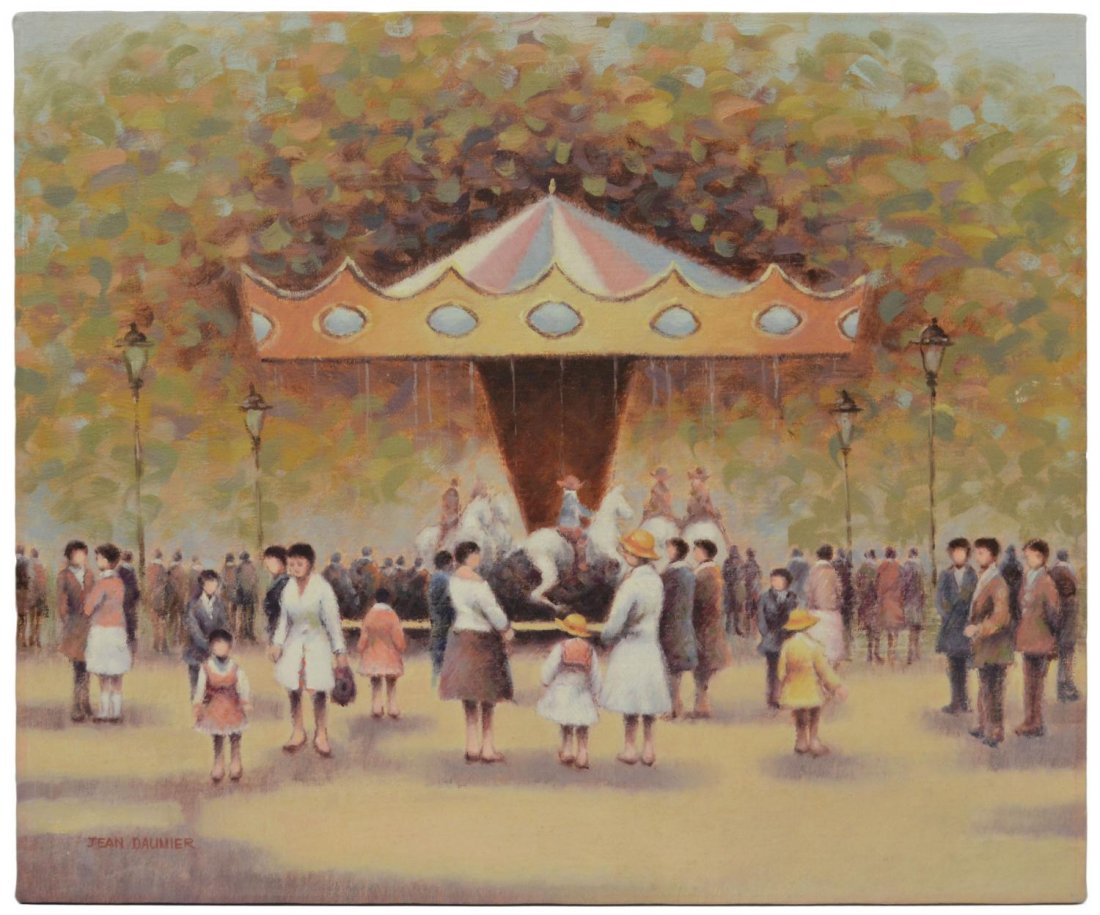 OIL PAINTING ON CANVAS, "CAROUSEL", JEAN DAUMIER: Unframed oil painting on canvas, "Carousel", signed lower left Jean Daumier, (France, b. 1948), 20"h, 24"w, 1.5lbs Start Price: $100.00