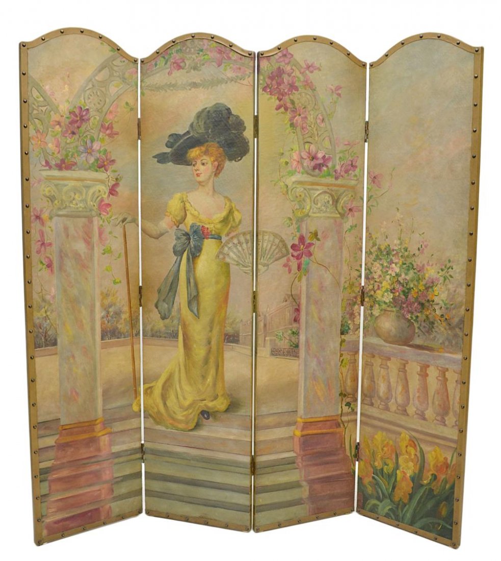 BEAUTY ON A GARDEN TERRACE, 4 PANEL FOLDING SCREEN: A four-panel painted screen showing a beauty on a garden terrace, brown trim affixed with brass tacks, some wear/loss, 68"h, 65"w Start Price: $100.00
