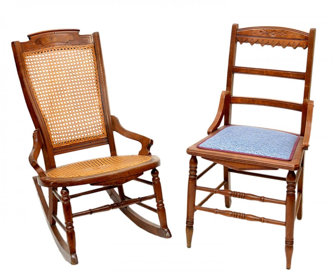 (2) EASTLAKE CARVED SIDE CHAIR, VICTORIAN ROCKER: (lot of 2) American walnut chairs: (1) Eastlake carved side chair, c. 1890, 35"h, 17.75"w, 17.25"d; (1) late Victorian rocking chair, c. 1900, with cane seat and back, 33.5"h, 21.5"w, 32.5"d Start Pri