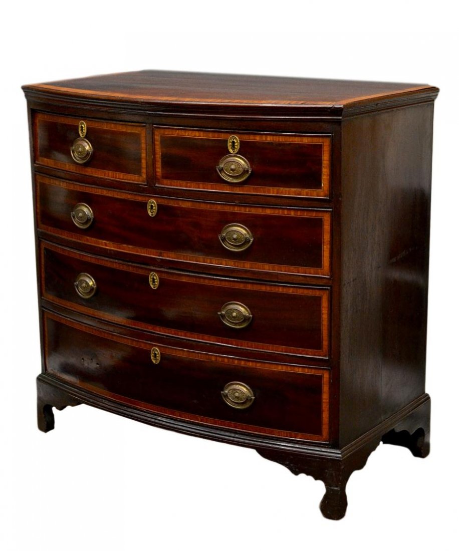 MAHOGANY BOW FRONT GEORGIAN CHEST: Georgian mahogany bow front chest, c. third quarter 18th c., the shaped top with banded inlay over two short drawers and three long drawers all lined with old wallpaper and each with banded inlay, lat