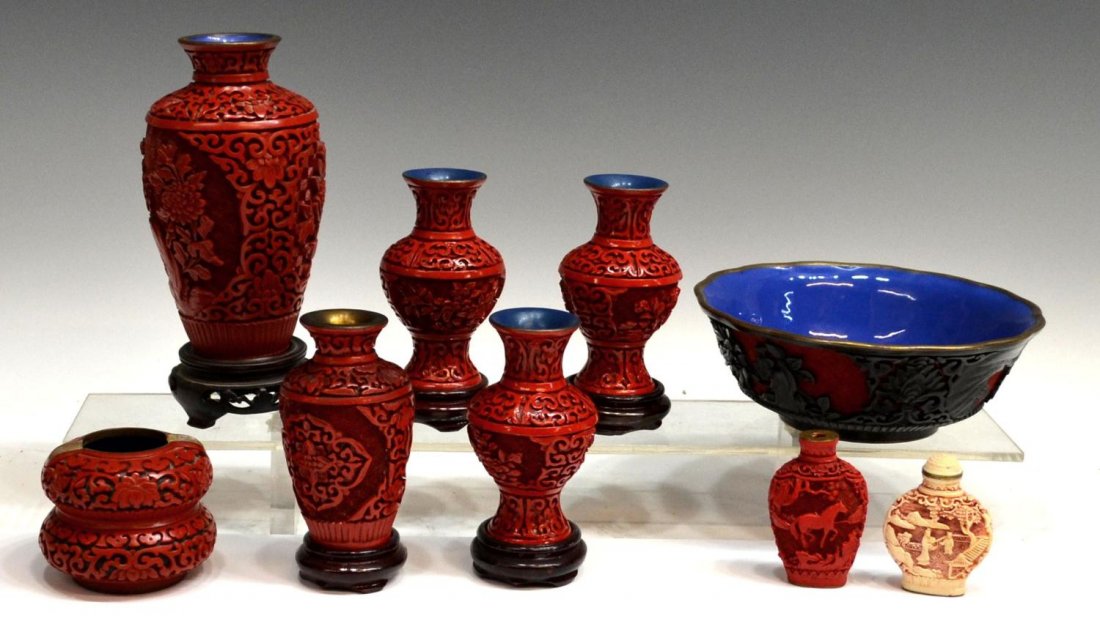 (9) COLLECTION CHINESE CINNABAR LACQUERWARE: (lot of 9) Chinese cinnabar lacquerware collection, comprising: (2) snuff bottles, the largest decorated with a horse, lacking lid, the other showing figures amid an ornate backdrop, largest: 2.75"h;