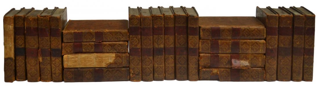 (23) BOOKS: THE WORKS OF DR. JONATHAN SWIFT, 1765: (lot of 23) Leather bound books, 'The Works of Dr. Jonathan Swift, Dean of St, Patrick's, Dublin', printed for various persons, London, 1765-1775, some loss to covers, staining and loose pages, 5.5"h,
