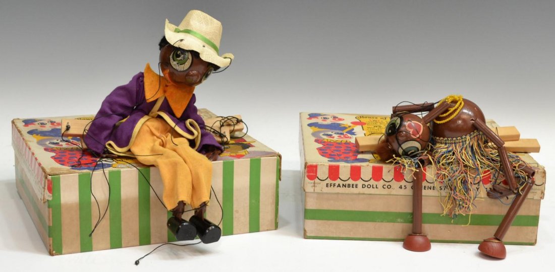 VINTAGE EFANBEE DOLL COMPANY MARIONETTES / PUPPETS: (lot of 2) Vintage Effanbee Doll Company Talentoon Talentoy marionettes,(1) 'Jambo the Jiver' and (1) 'Toonga from the Congo', each in the original worn box, each lacking records, some cracklure, loss