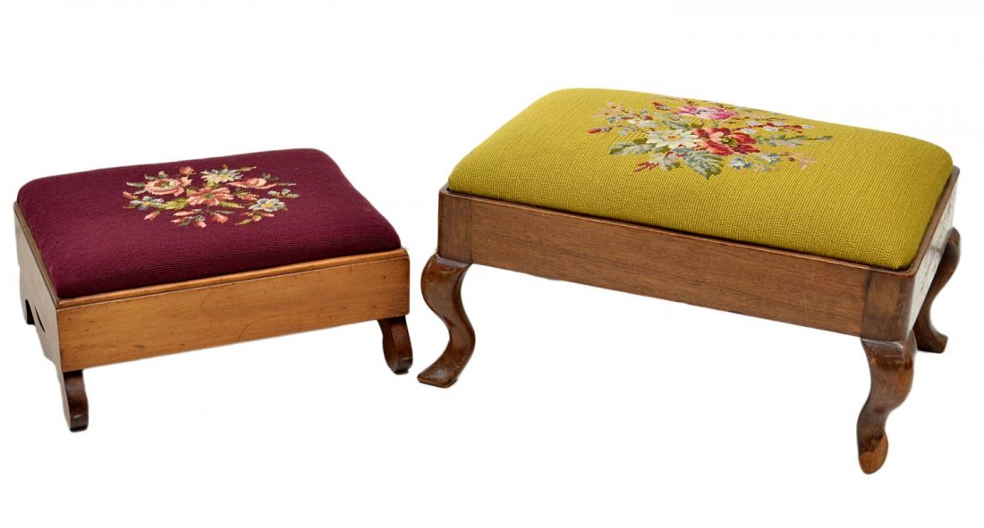 (2) AMERICAN FOOTSTOOLS, NEEDLEPOINT UPHOLSTERY: (lot of 2) American footstools, each with floral needle point accented upholstery; (1) maroon upholstery on scrolled leg base, 7"h, 15"w, 12.5"d; (1) green upholstery on scrolled legs with snake feet,