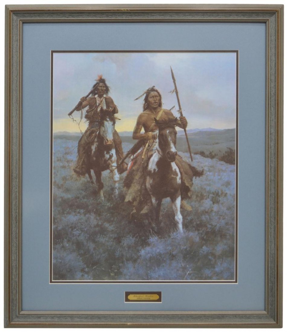 LIMITED PRINT, BLACKFOOT RAIDERS, HOWARD TERPNING: Framed limited edition print, "Blackfoot Raiders", by Howard A. Terpning (Arizona/New York, b. 1927), numbered 177 of 350, accompanied by certificate of authenticity, sight: 21.75"h, 17.5"w, overall: 