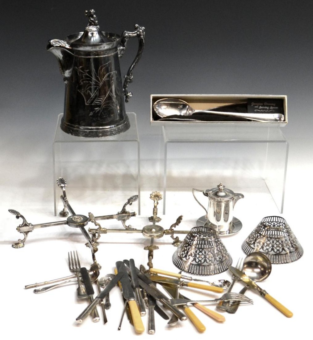 HUGE COLLECTION SILVER PLATE TABLE & SERVICE WARE: (lot of 31) Large collection of silver plate tableware, highlights include Gorham pierced shades, a large Victorian etched water pitcher with figural finial (loss of plate and dent to pitcher), large 