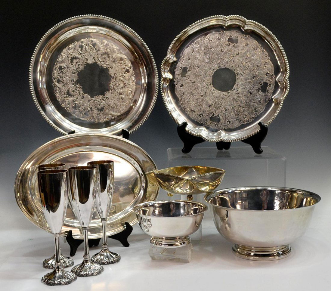 (10) COLLECTION SILVER PLATE GOBLETS, TRAYS, BOWLS: (lot of 10) Collection of silver plate tableware by various makers, examples include a set of (4) Reed and Barton flutes with gilt interior, Gorham Revere style bowls, trays, some having engraved foli
