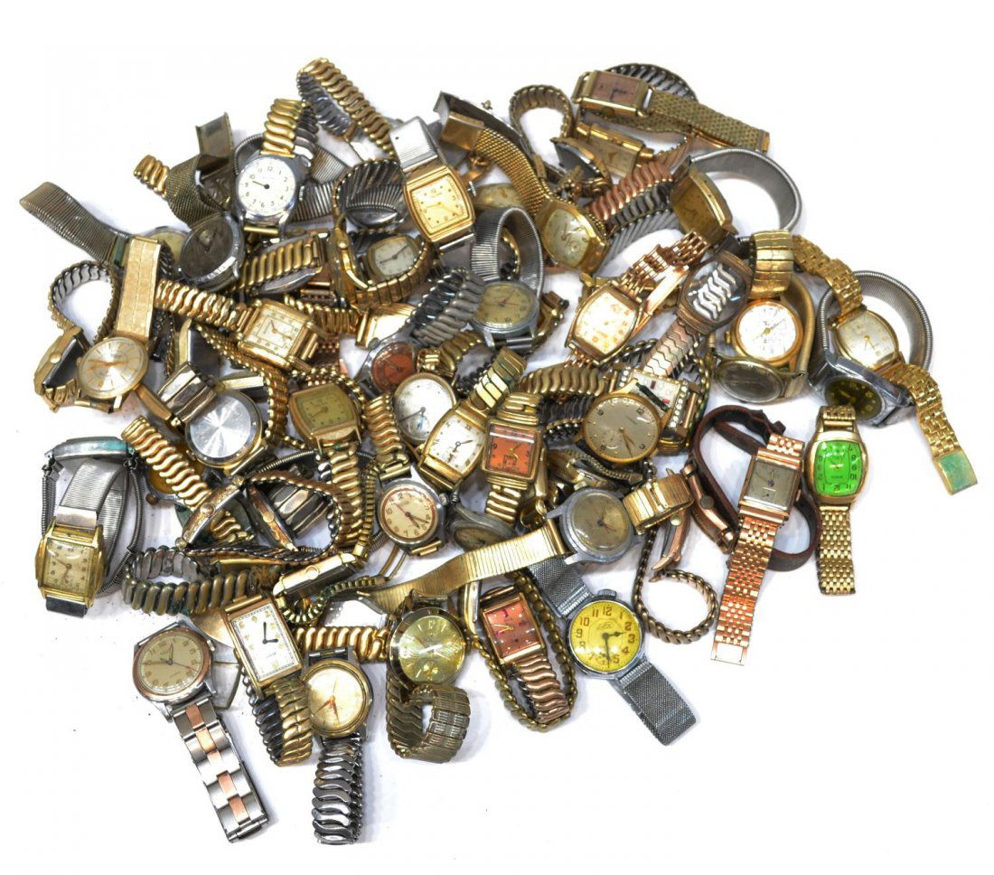 MASSIVE LOT GOLD FILLED & OTHER VINTAGE WATCHES: (lot) Massive collection of vintage wrist watches, many 10, 12, and 14kt gold filled, numerous expansion bracelets, whole examples as well as scrap parts and pieces, makers and models include (1) 10kt