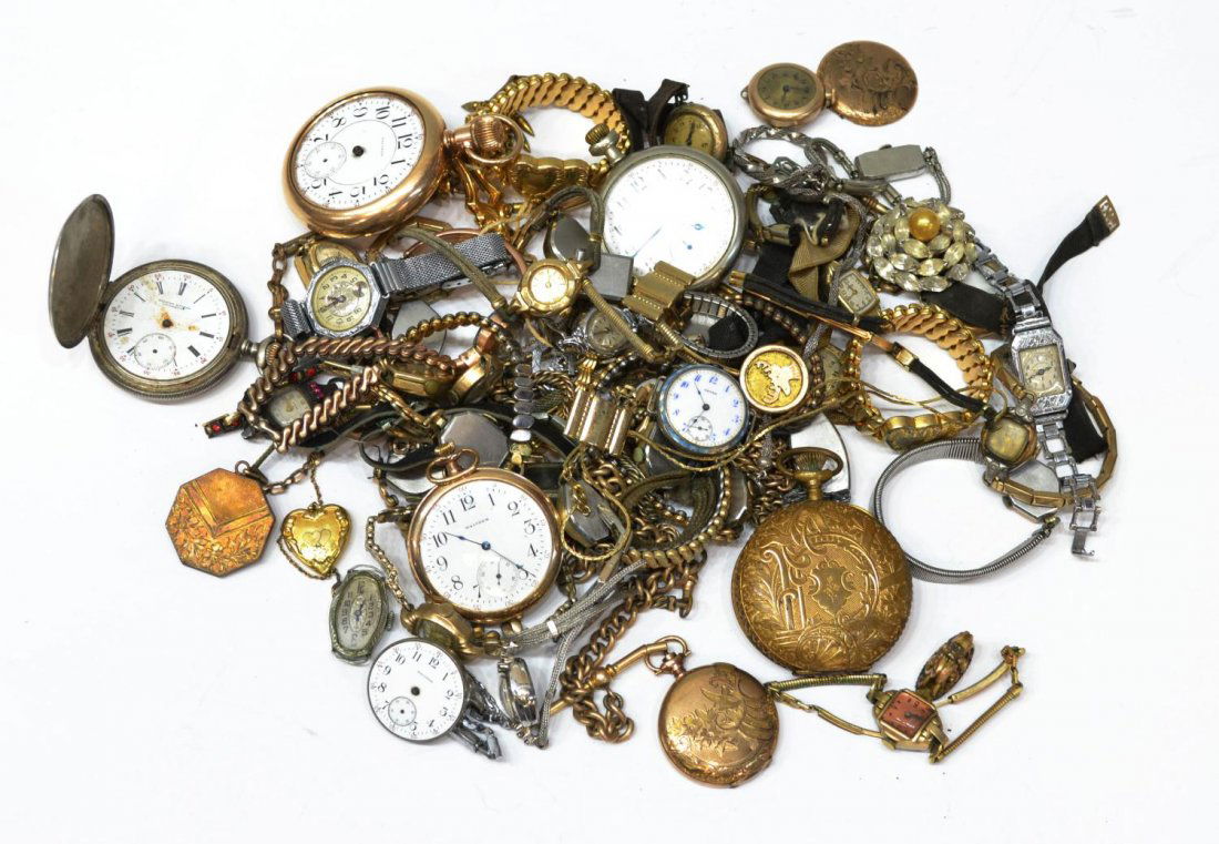 HUGE VINTAGE LADIES WATCHES, POCKET WATCHES, JUNK: Huge collection of vintage ladies watches, some pocket watches, watch fobs and misc. jewelry, whole examples, dial, as well as many parts and pieces, broken scrap, gold filled pieces, highlights inclu