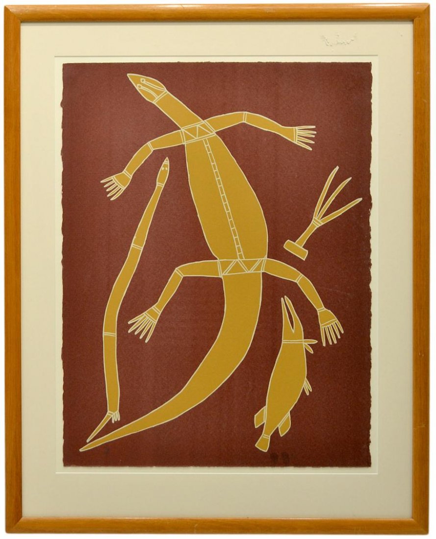 REPTILE PRINT, DAVID MILAYBUMA 1938-1993: Framed print on paper, Abstract Reptiles, Australian aboriginal art, attributed to David Milaybuma (Australian, 1938-1993), numbered 73/90, sight: 30"h, 22.5"w, overall: 39.25"h, 31.25"w, 15.75lbs Sta