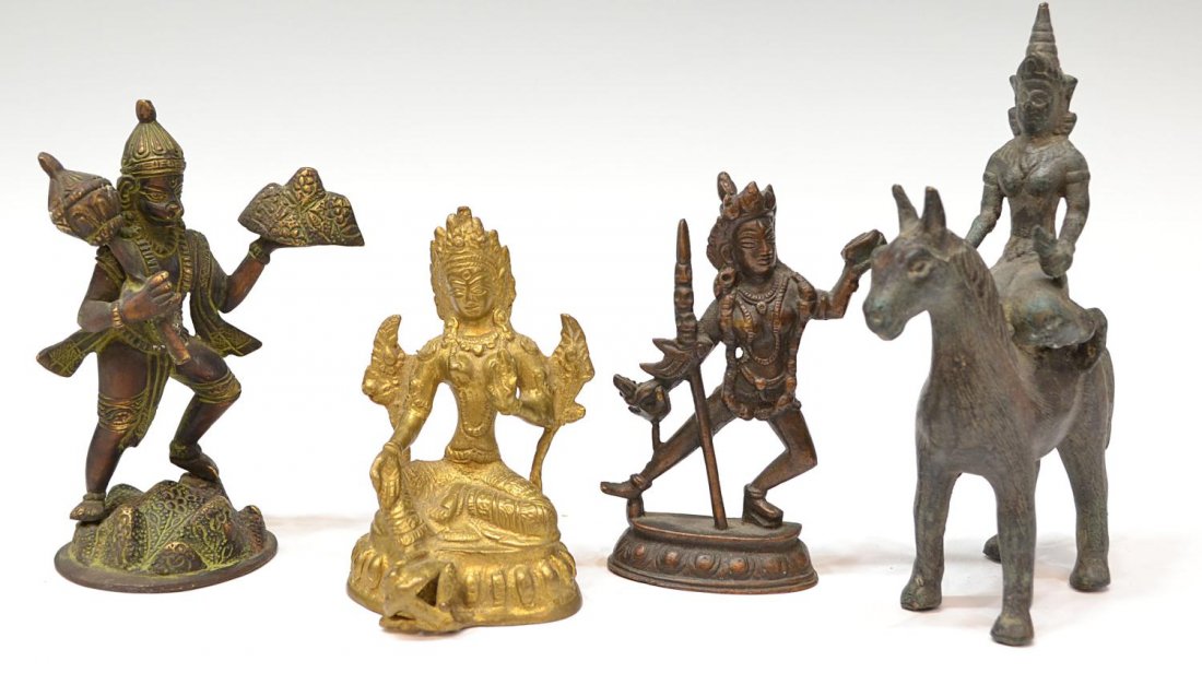 (4) BUDDHIST DEITY SCULPTURES: (lot of 4) Buddhist deity sculptures, metal including bronze and brass, largest: 6.5"h, 1.5"w, 5"l, total: 3.5lbs Start Price: $60.00