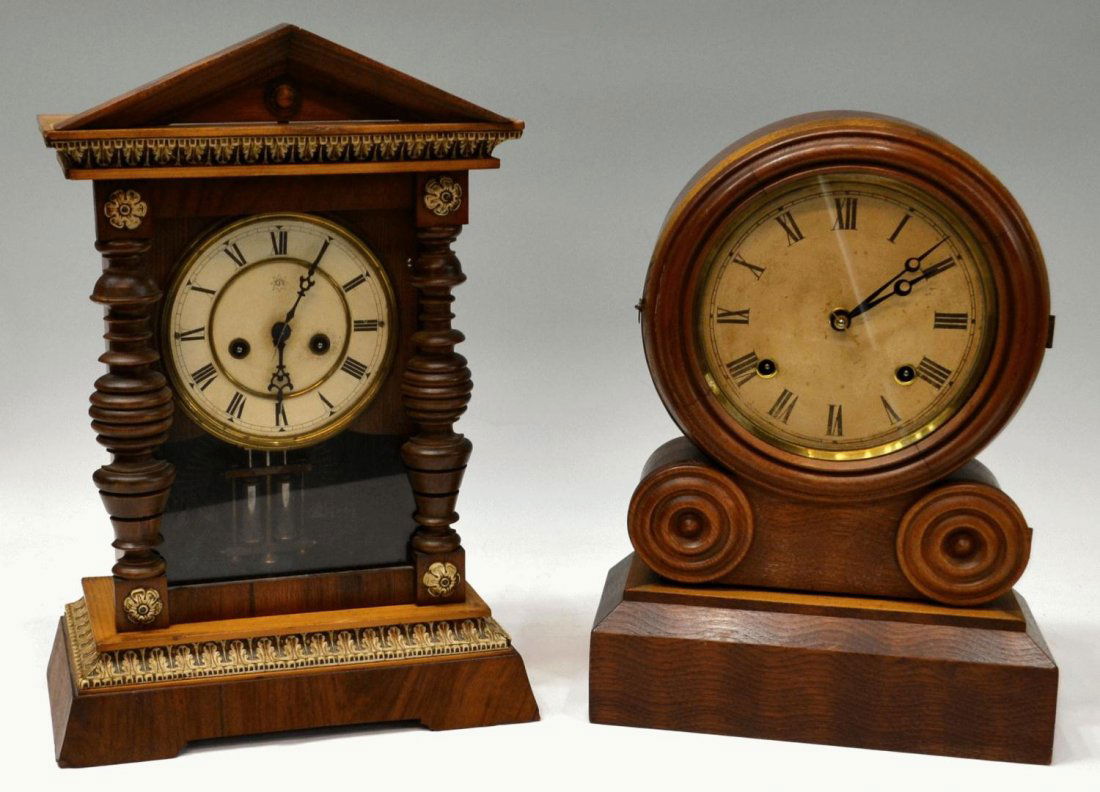 (2) ANTIQUE MANTLE CLOCKS: INGRAHAM & JUNGHANS: (lot of 2) Mantle clocks: (1) Ingraham Grecian model shelf clock, Roman numeral dial over time and strike keywind works, retains original label at interior, 14.5"h, 10.5"w, 4.5"d; (1) Junghans walnut