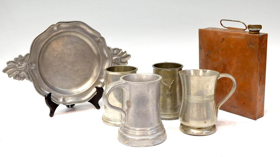 (6) COLLECTION PEWTER TABLEWARE & COPPER CANTEEN: (lot of 6) Collection of metal tableware, including: (1) pewter plate, shell and scrolling tendril handles, marked as pictured, 1"h, 13.5"w; (1) Wilton, Pennsylvania Armetale handled cup, 5.25"h; (1) 
