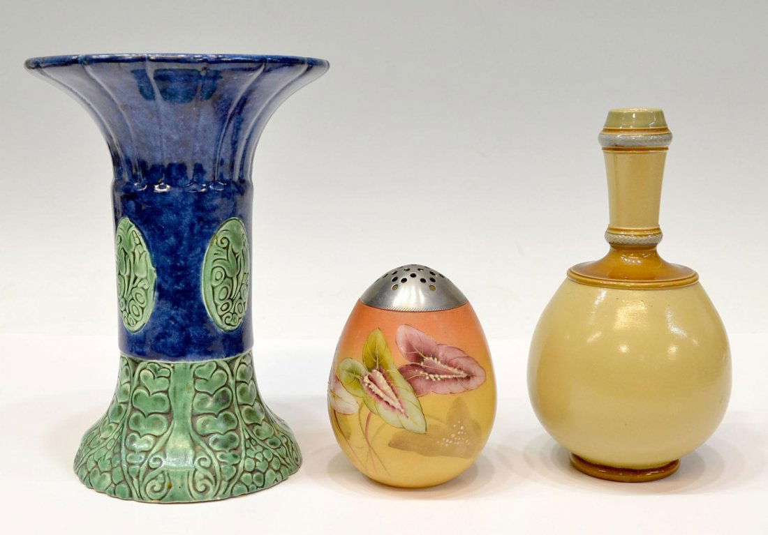 (3)METTLACH PITCHER, PAINTED GLASS SHAKER & A VASE: (lot of 3) Collection of pottery and glass: (1) small German pottery pitcher, Villeroy & Boch, Mettlach, c. 1874- 1909, stick neck rising on a bulbous body, scrolling handle in earthtone glaze, #1381,