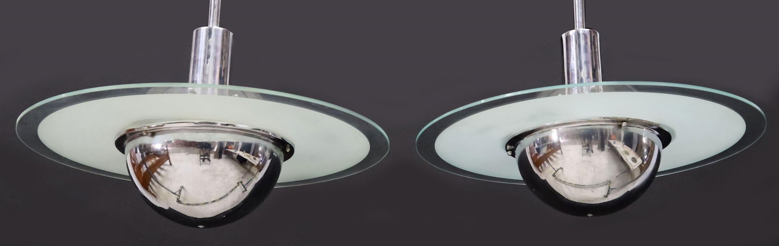 (2) MODERNIST CHROME & GLASS DISC PENDANT LIGHTS (1 of 3)