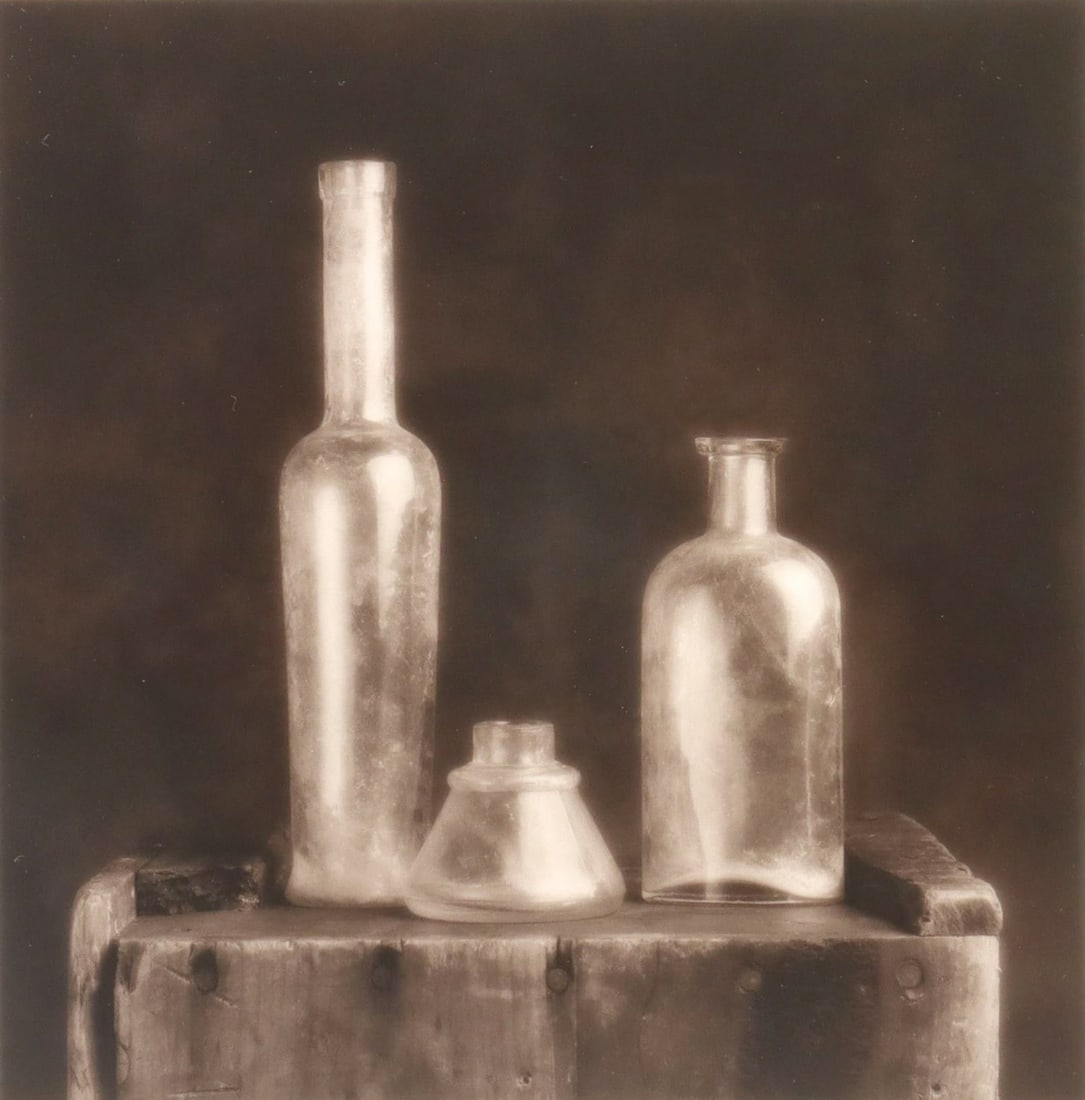 ION ZUPCU (B.1960) GELATIN SILVER PRINT BOTTLES: Framed gelatin silver print, Untitled, April 26.01, Ion Zupcu (Romanian-American, b.1960), print #1/ 50, sight: approx 10.75"h, 10.75"w, overall: 17.75"h, 17.75"w, 6lbs Start Price: $150.00
