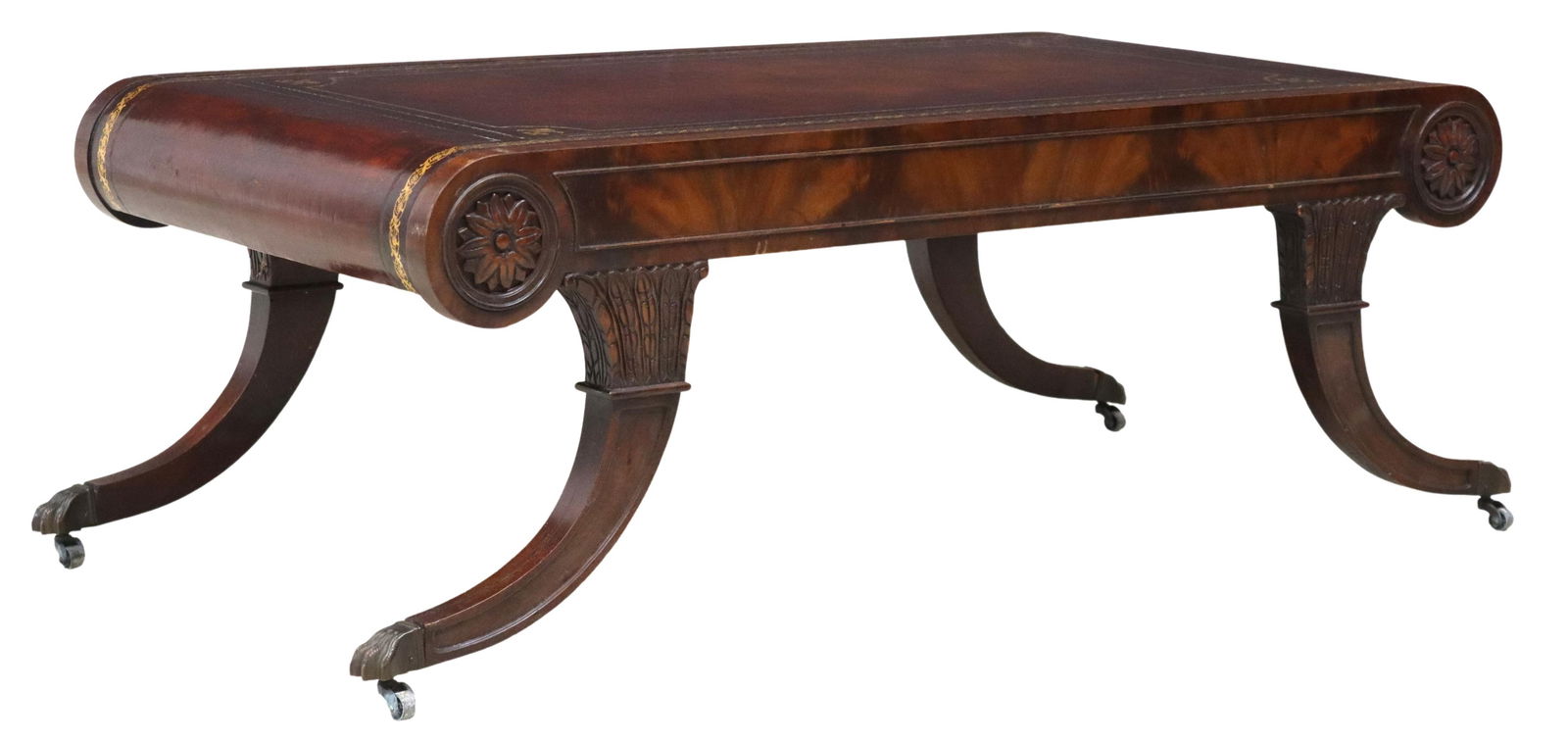 REGENCY STYLE LEATHER-TOP MAHOGANY COFFEE TABLE (1 of 4)