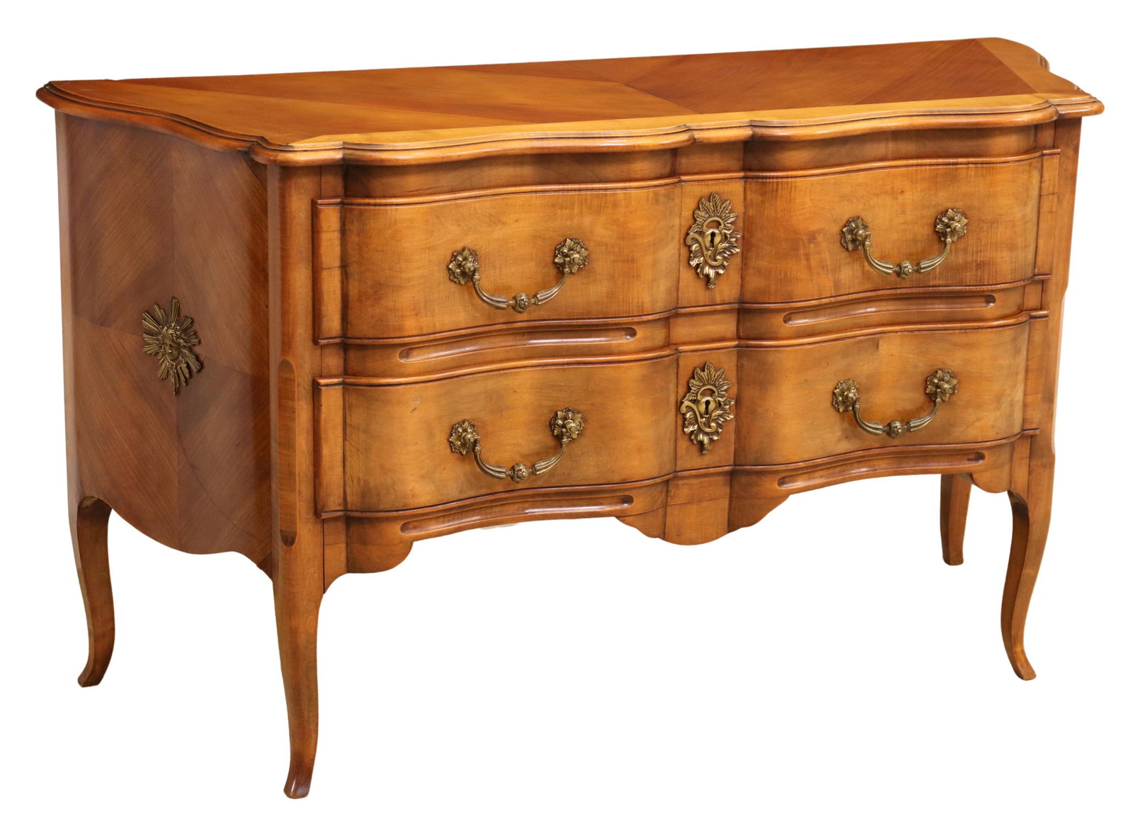 FRENCH LOUIS XV STYLE FRUITWOOD COMMODE: French Louis XV style fruitwood commode, early 20th c., having matched veneer top and sides, shaped case fitted with two drawers, rising on cabriole legs, marks to left side, approx 31"h, 55"w, 20.5"d