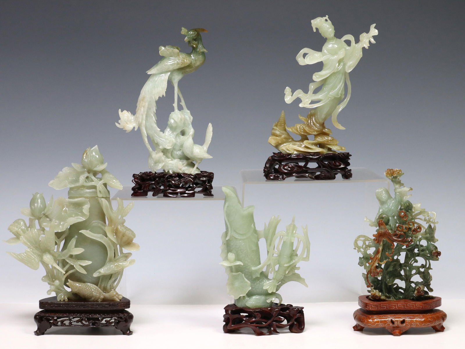 (5) CHINESE CARVED GREEN HARDSTONE FIGURES & VASES (1 of 8)
