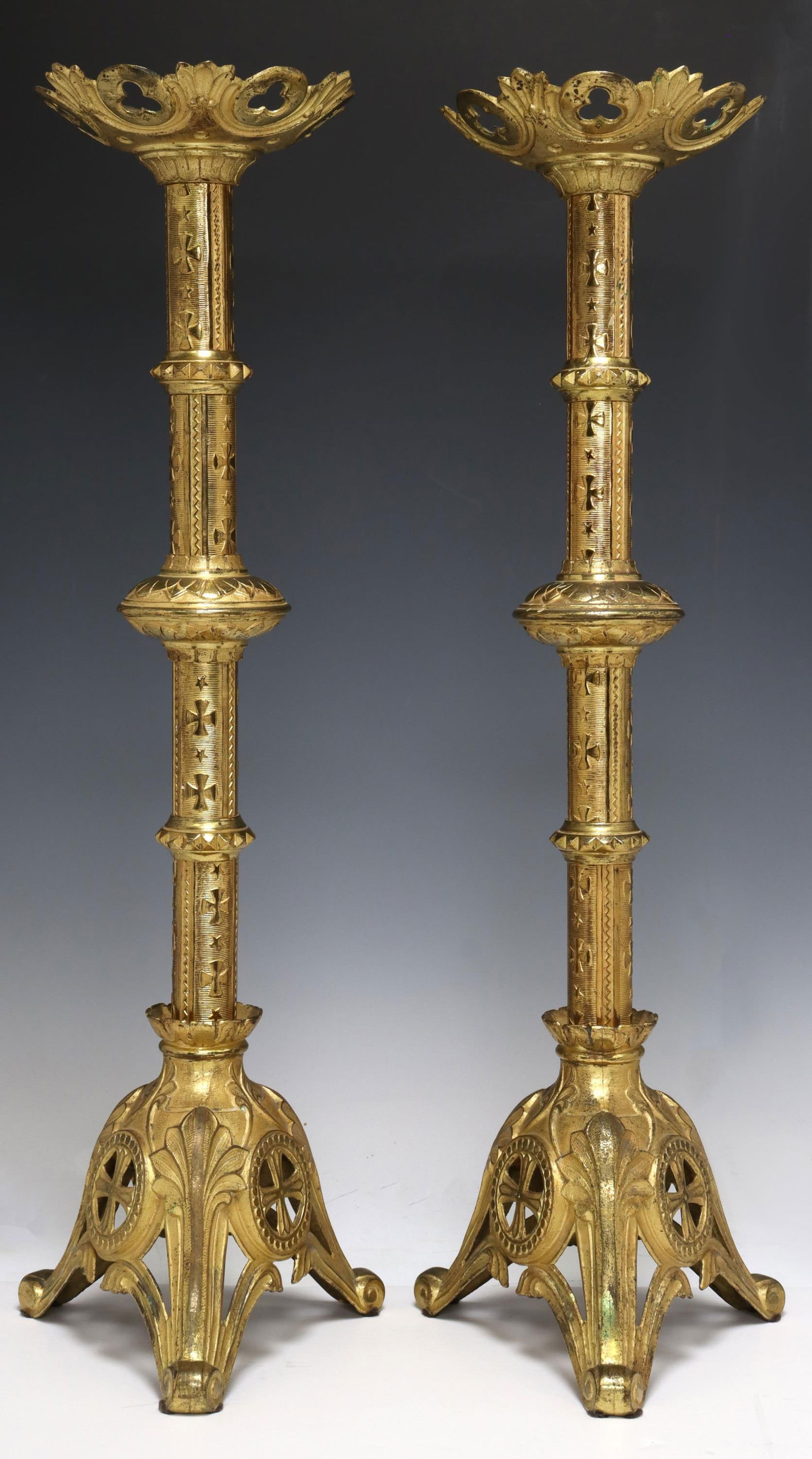 2) GOTHIC REVIVAL GILT METAL ALTAR CANDLE PRICKETS (1 of 4)