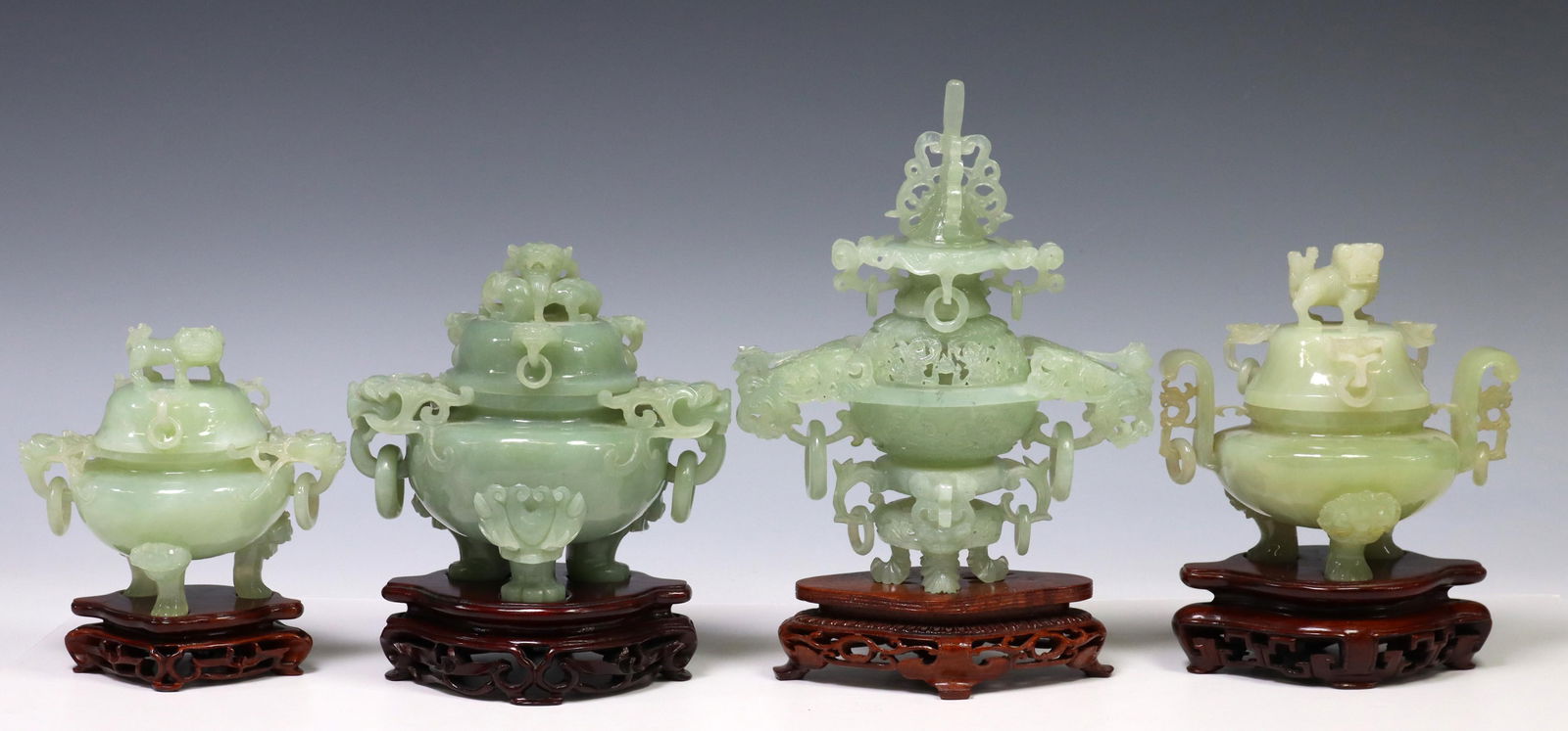 (4) CHINESE CARVED GREEN HARDSTONE COVERED CENSERS (1 of 8)