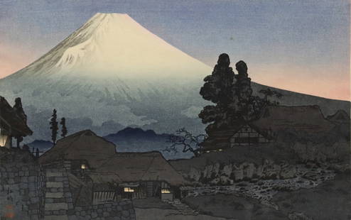 TAKAHASHI HIROAKI SHOTEI WOODBLOCK FUJI MIZUKUBO: Framed woodblock print on paper, Mount Fuji Seen from Mizukubo, Takahashi Shotei, born Hiroaki (Japanese, 1871-1945), sight: approx 9 5/8"h, 15"w, overall: 15"h, 20 3/8"w, 2.5lbs **Provenance: From th