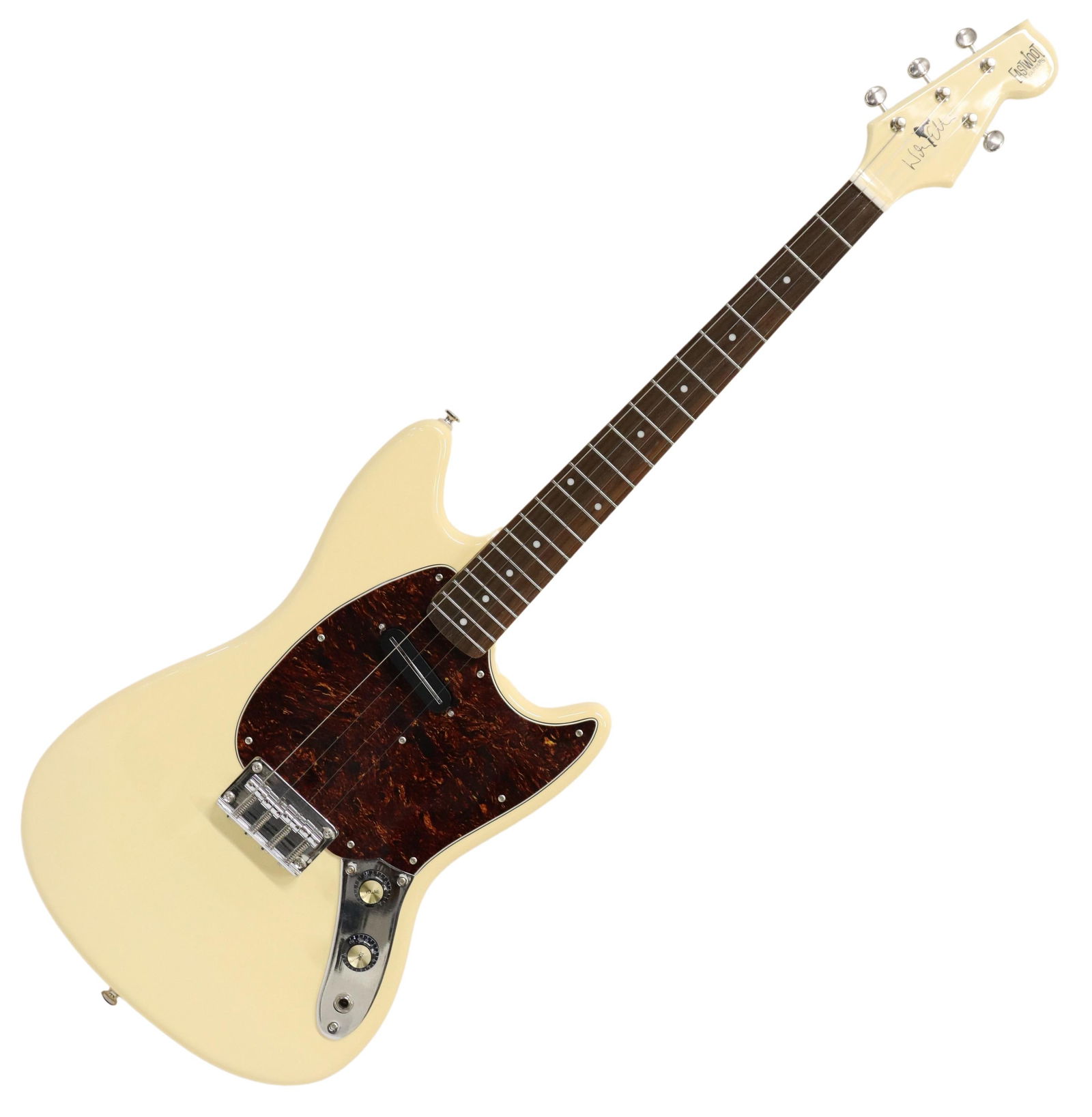 EASTWOOD WARREN ELLIS TENOR ELECTRIC GUITAR: Eastwood Warren Ellis Signature Tenor electric guitar, accompanied by hard case, serial number 1100422, guitar: approx 37 3/8"l, 12"w, 2.25"d, overall in case: approx 42"l, 15.25"w, 4"d, 16.5lbs **Pro