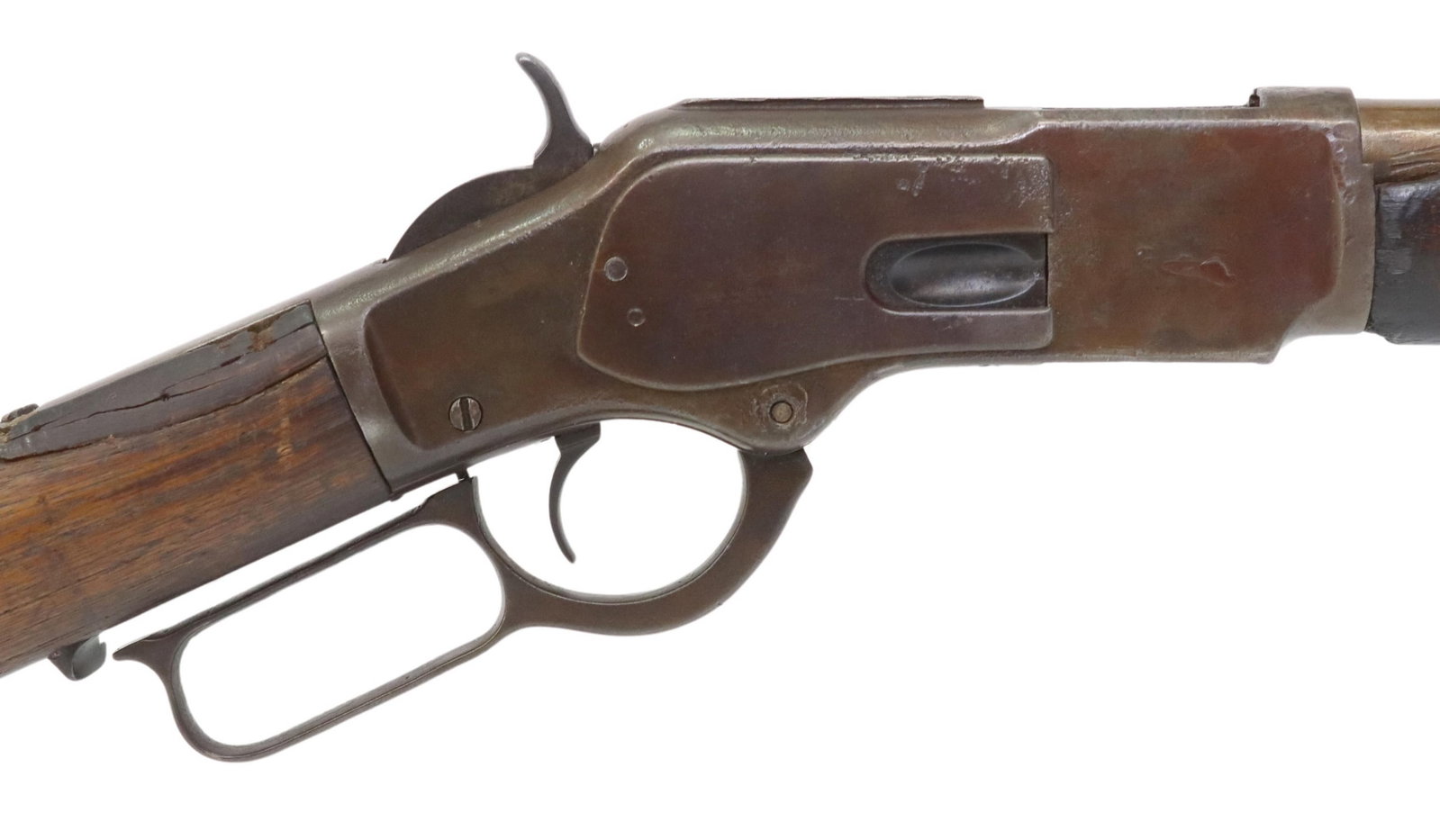 WINCHESTER 1873 SADDLE RING CARBINE, MFG. 1887: Winchester 1873 Saddle Ring Carbine, Third Model, mfg.1887, .44-40 caliber, 20" barrel with two barrel bands, tubular magazine, fixed front sight, rear sight lacks elevation adjuster, barrel marked at