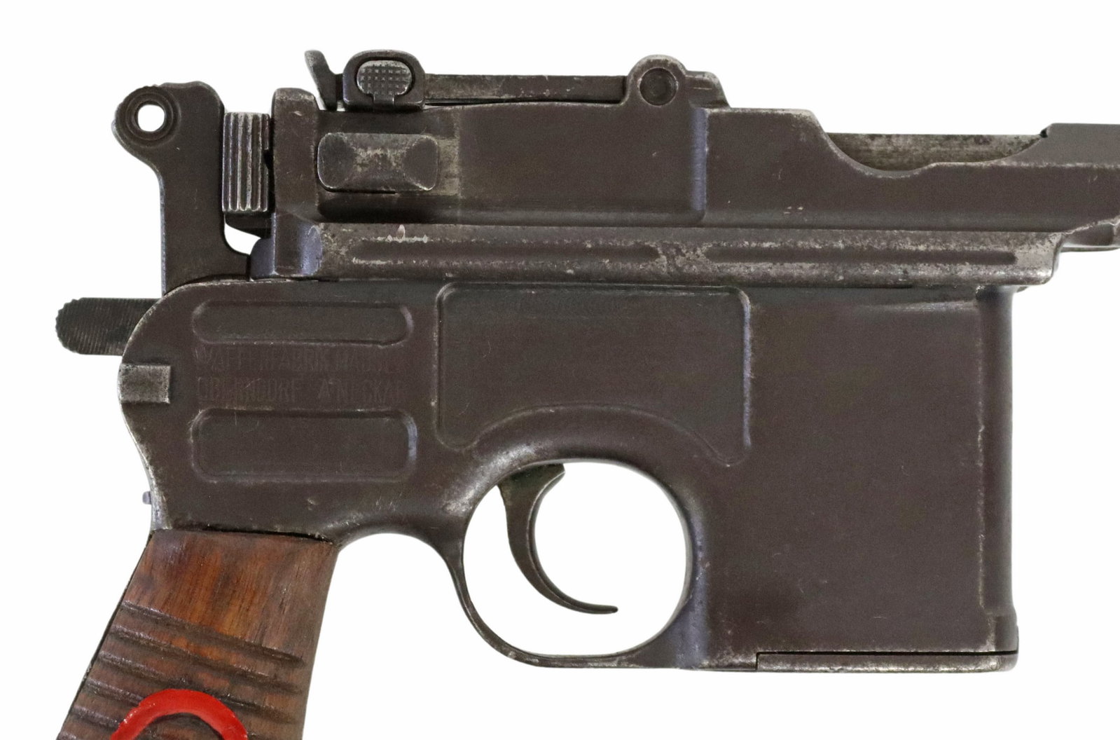 GERMAN BROOMHANDLE M1916 MAUSER PISTOL, RED 9: German Broomhandle Mauser pistol, Model 1916, mfg. 1920, 9mm Parabellum caliber, 5.5" barrel marked at top next to breech "Waffenfabrik, Mauser, Orbendorf a/N", fixed front sight, adjustable rear sigh