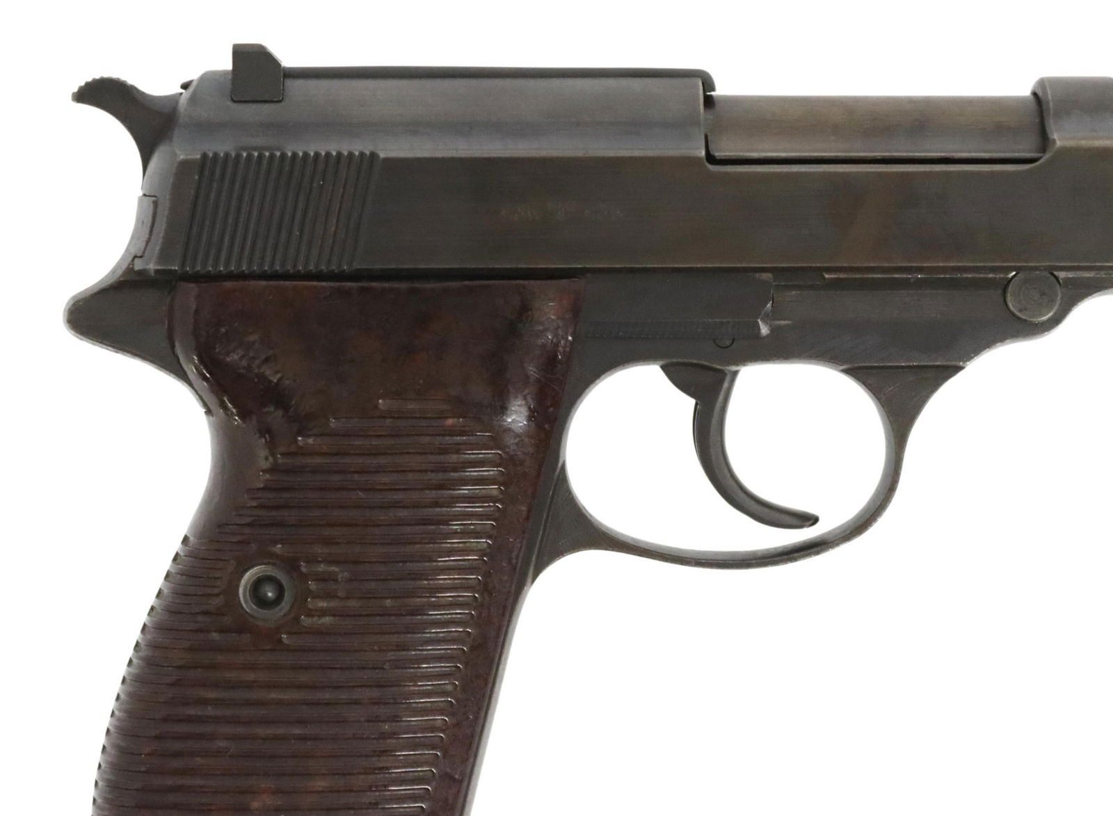 MAUSER byf/44 P38 PISTOL, WWII GERMAN MARKINGS: Mauser P38 semi-automatic double action pistol, 9mm, 5" barrel, adjustable blade front sight, fixed rear sight, brown bakelite grips, lanyard loop, detachable 8 round magazine, markings include "byf o