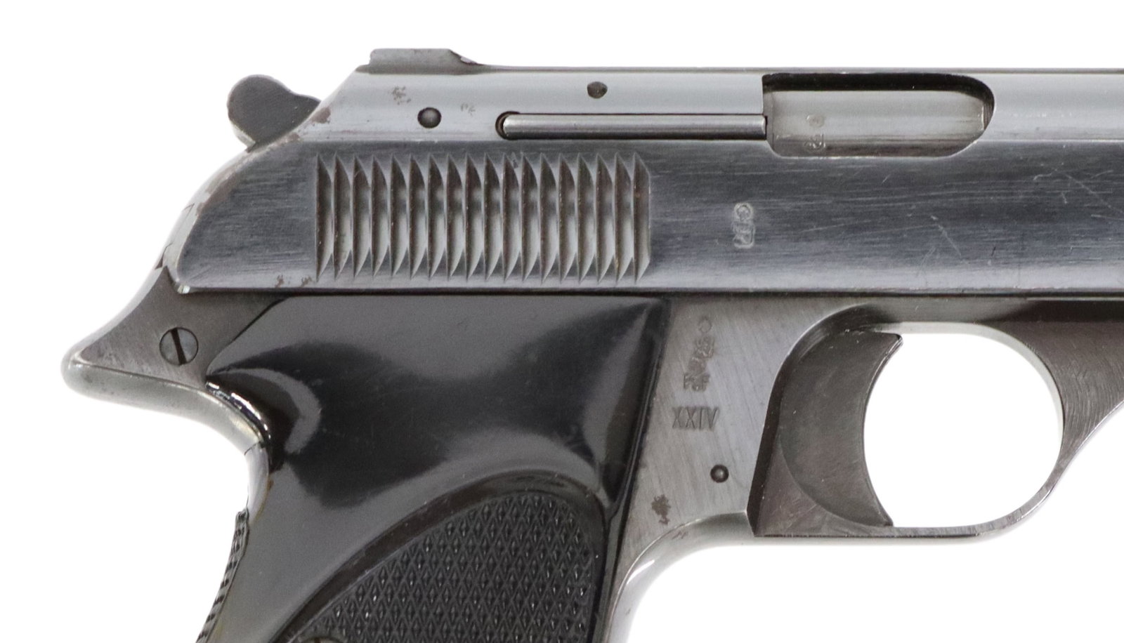 BERNADELLI MODEL 60 ITALIAN .380 CALIBER PISTOL: V. Bernadelli Model 60 pistol, 9MM Kuer (.380ACP) caliber, 3.5" barrel, fixed front and rear sights, black plastic checkered logo grips, detachable 7 round magazine, action good, bright bore good rifl