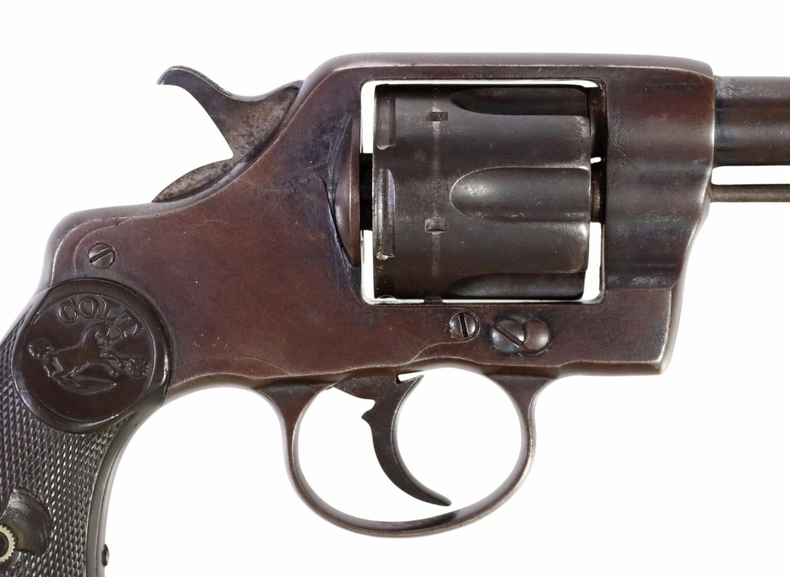 COLT NEW ARMY MODEL OF 1894 REVOLVER, MFG 1903: Colt New Army Model of 1894 Revolver, commercial, .38 caliber, the 4.5" barrel with blade sight marked at the left "Colt. D.A. 38", a six round latch released swing out fluted cylinder, Colt hard rubb