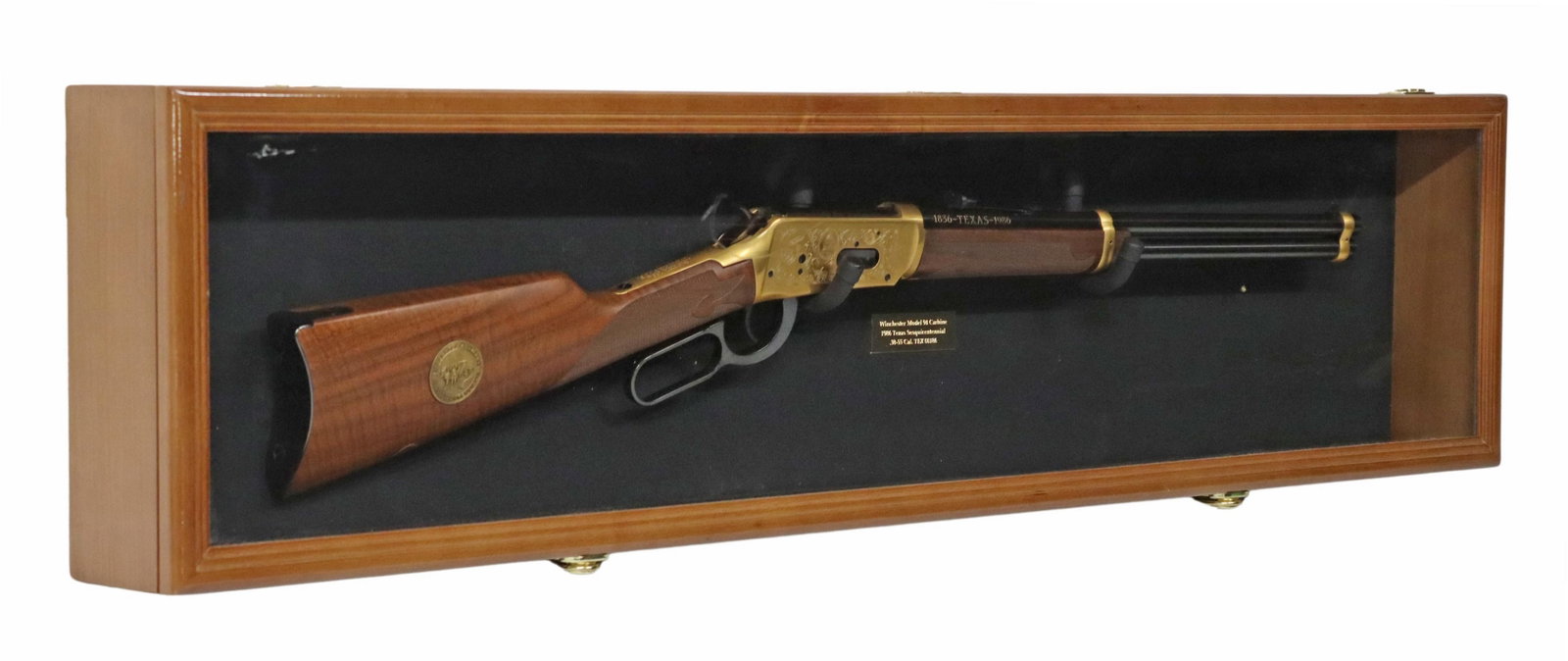 WINCHESTER 94 TEXAS COMMEMORATIVE CARBINE & BOXING: Winchester Model 94 Texas Sesquicentennial Commemorative Saddle Ring Carbine, unfired in like new condition, .38-55 caliber, 18" barrel, tubular magazine, blade front sight, adjustable rear sight, two