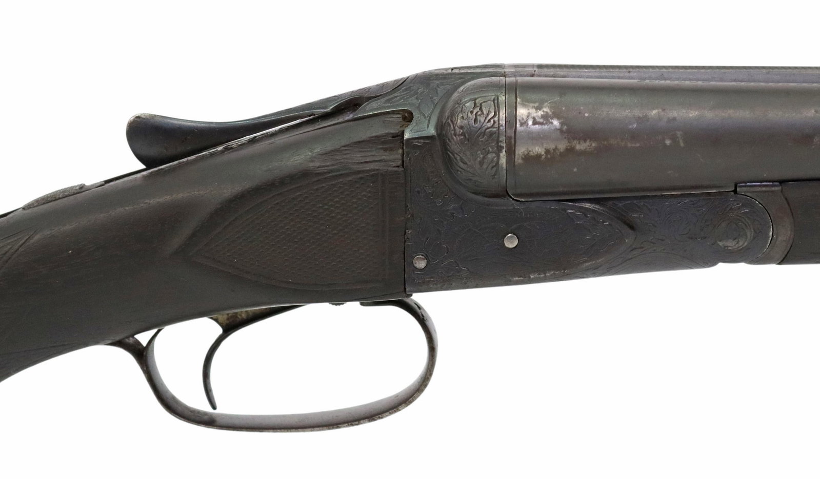A.H. FOX-SAVAGE ARMS 20 GAUGE SHOTGUN: Ansley H. Fox-Savage Arms side by side shotgun, 20 gauge, 2.75" chambers, 28" barrels, foliate and game bird engraving at receivers and an engraved fox at the underside ahead of the trigger guard, pis