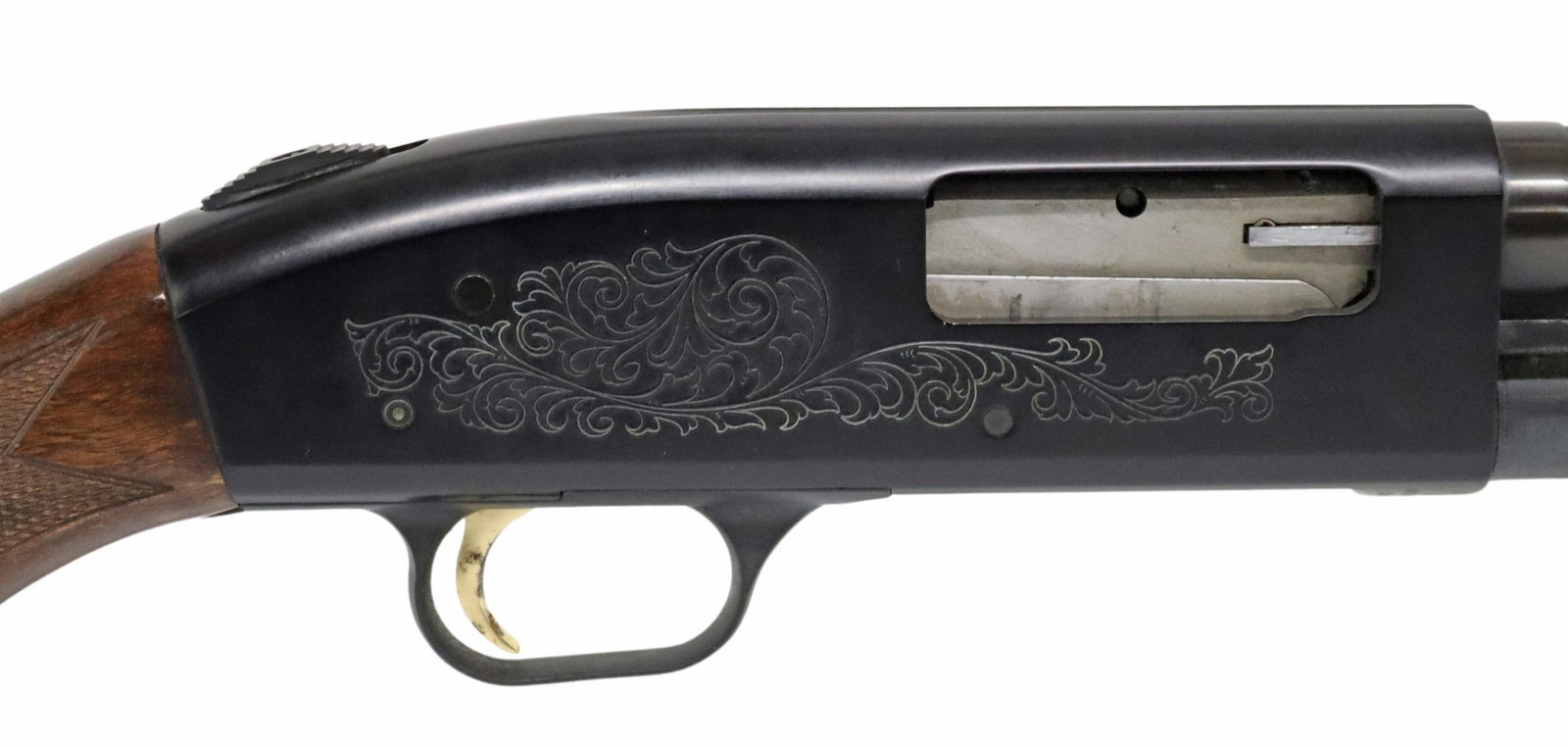 MOSSBERG MODEL 500A PUMP 12 GAUGE SHOTGUN: Mossberg Model 500A shotgun, slide action, 12 gauge, 27.5" barrel, tubular magazine, bead front sight, light engraving at receivers, gilt trigger, slide safety, checkered hardwood stock, recoil pad, w